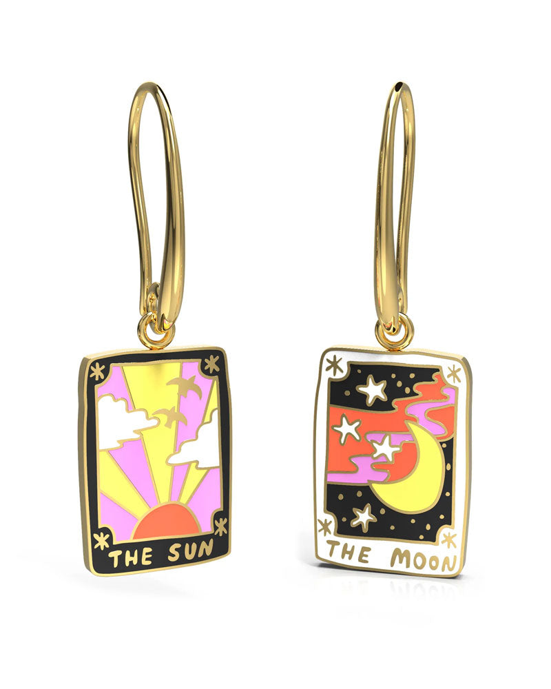 Sun & Moon Tarot Card Hanging Hoop Earrings-Yellow Owl Workshop-Strange Ways