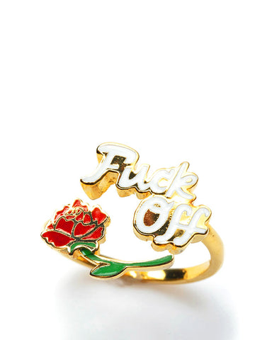 Fuck Off & Red Rose Adjustable Ring