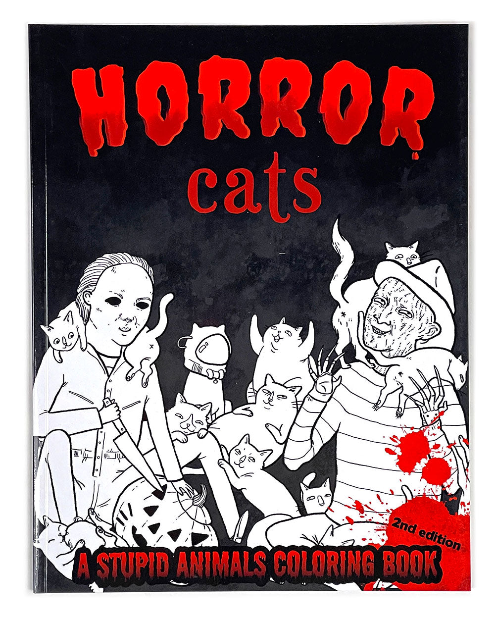 Horror cats coloring book cover with red title and black-and-white cat drawings
