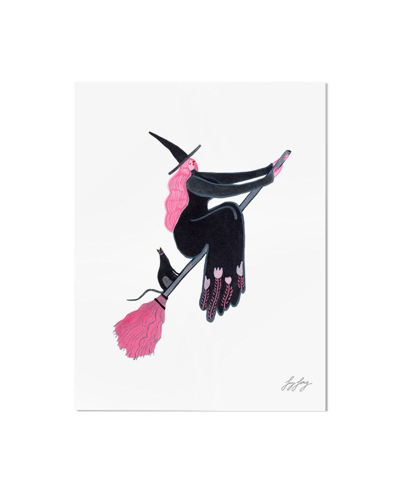 Flying Witch With Cat Art Print (8" x 10")-Quiet Tide Goods-Strange Ways