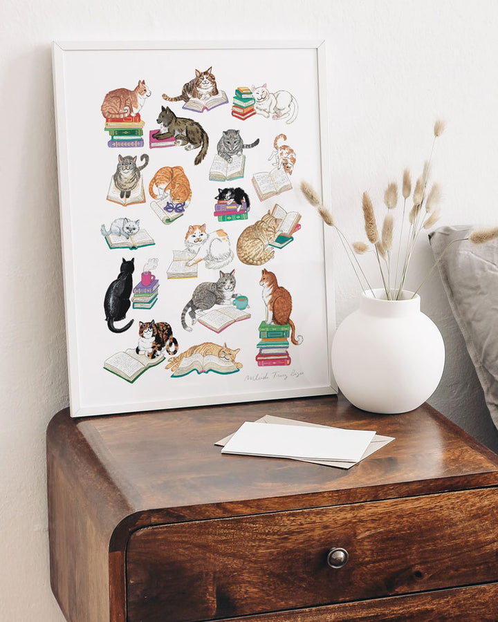 Books & Cats Art Print (11" x 14")-Party Mouse Studio-Strange Ways
