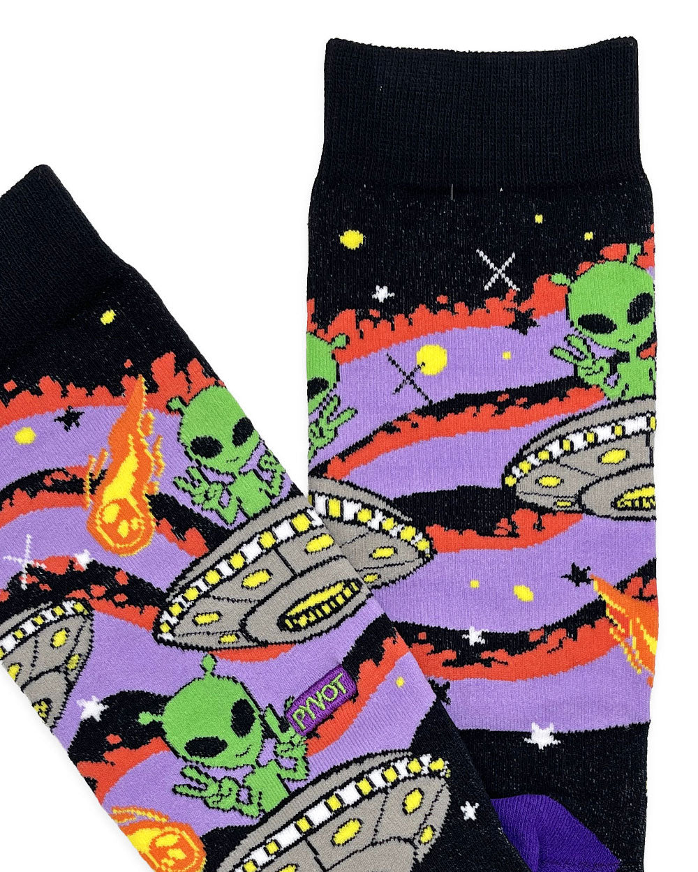 Black crew socks with close-up space scene: aliens, UFOs, rockets, and stars