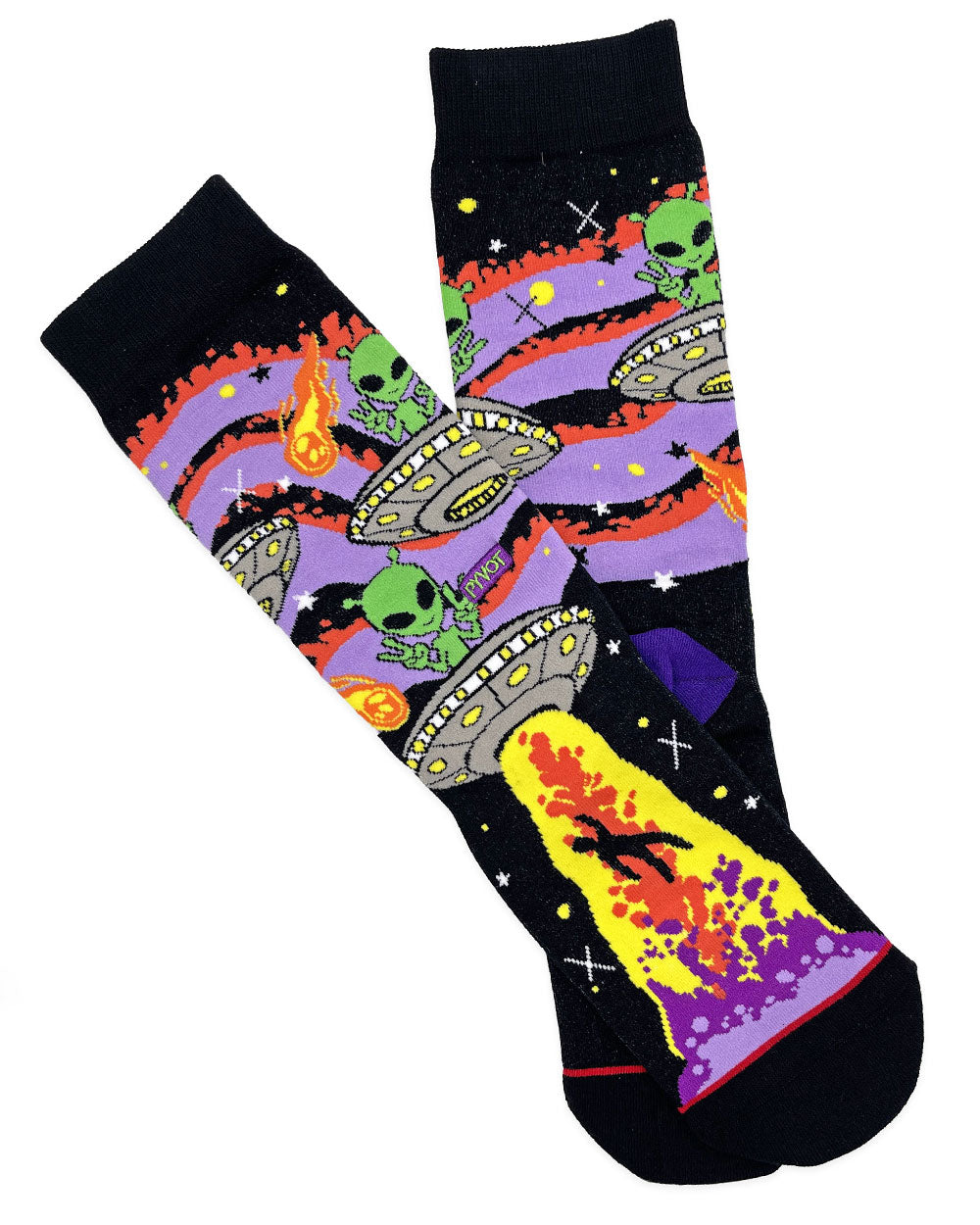 Black crew socks with colorful alien and rocket space scene print