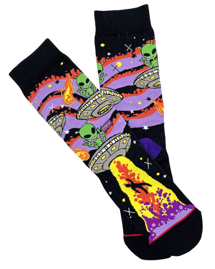 Black crew socks with colorful alien and rocket space scene print