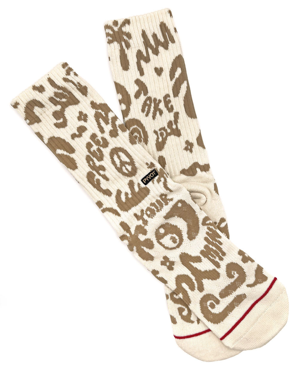 Cream and brown leopard graphic crew socks, small logo patch.