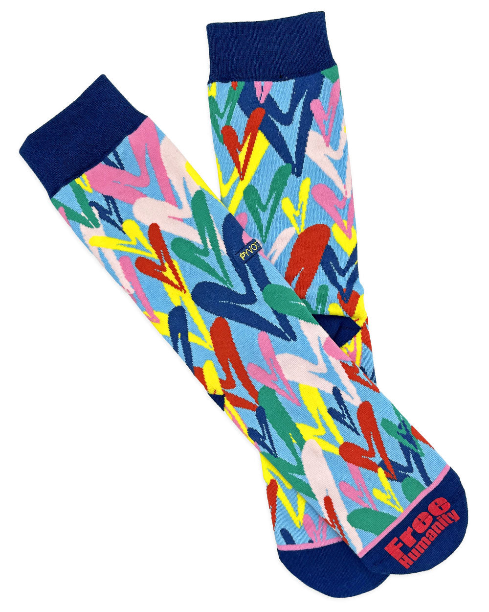 Abstract pattern crew socks with navy cuff and toe; colorful geometric strokes