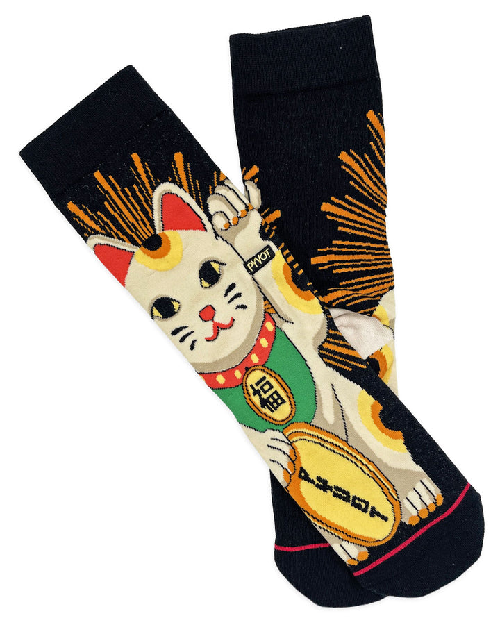 Dark crew socks with full cartoon cat illustration and orange burst stripes