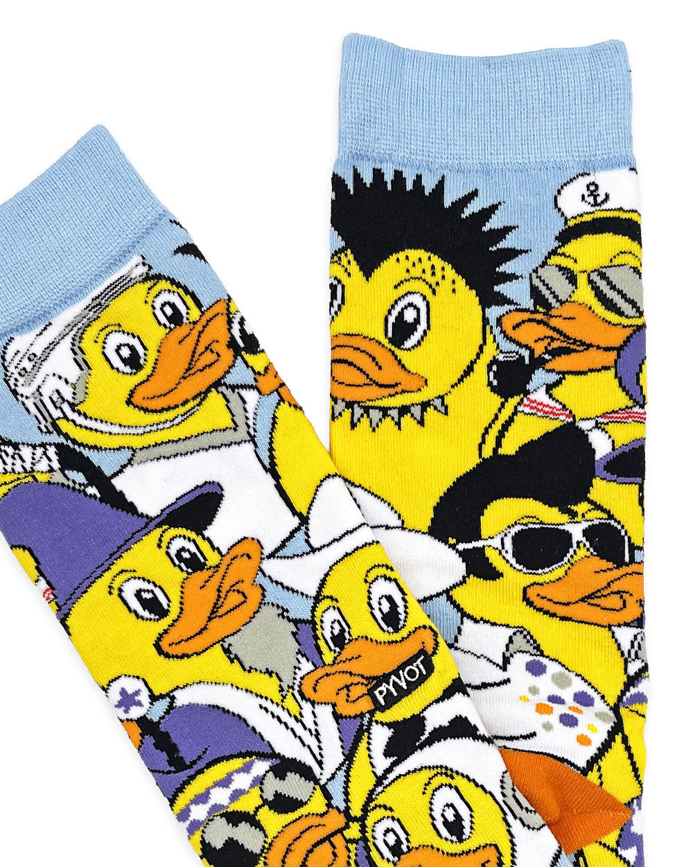 Novelty crew socks with light blue cuff and colorful duck character pattern