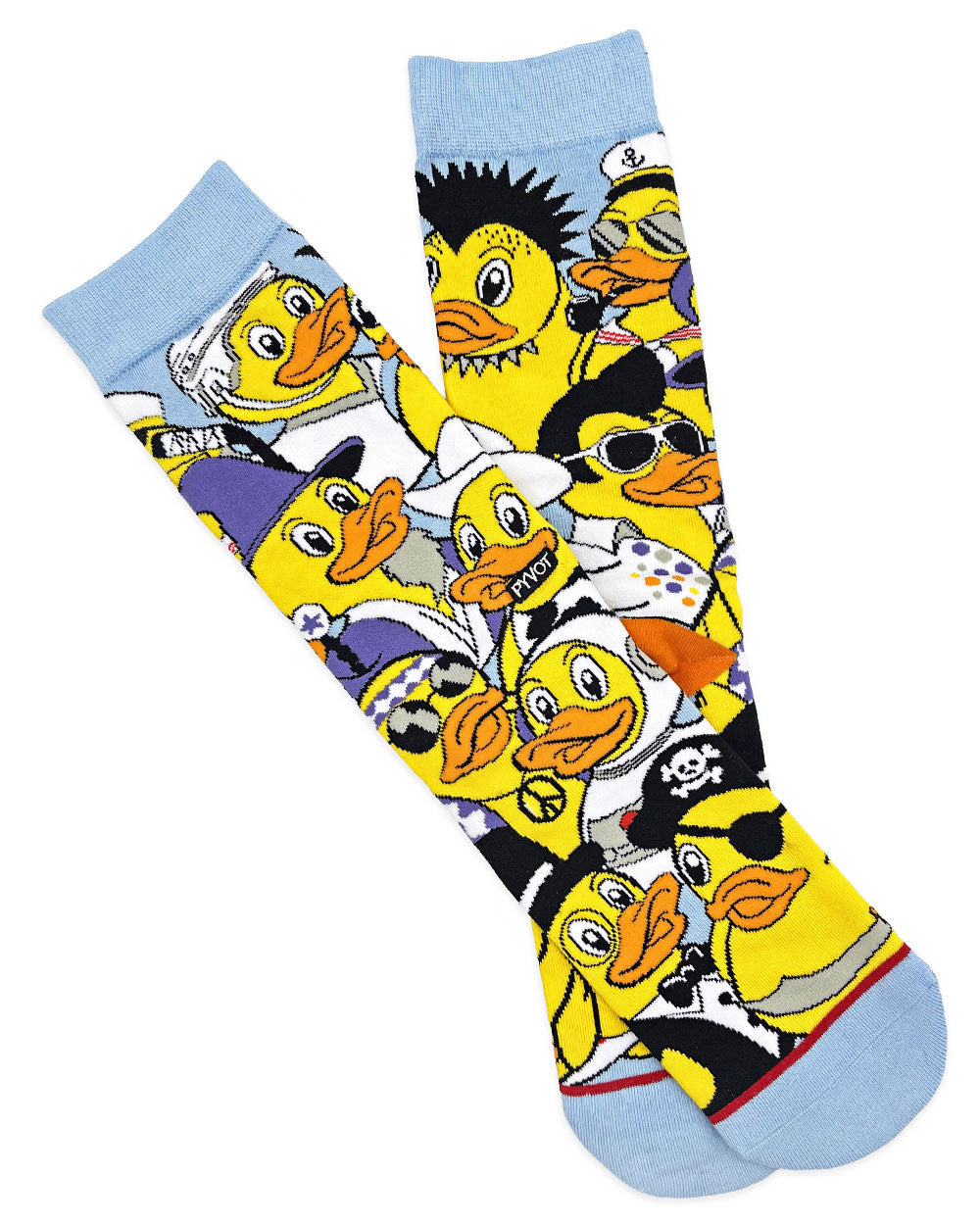 Novelty crew socks with light blue cuff and colorful rubber duck character print