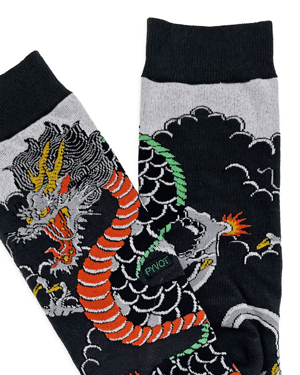 Dragon crew socks close-up, black and gray with colorful dragon and cloud pattern