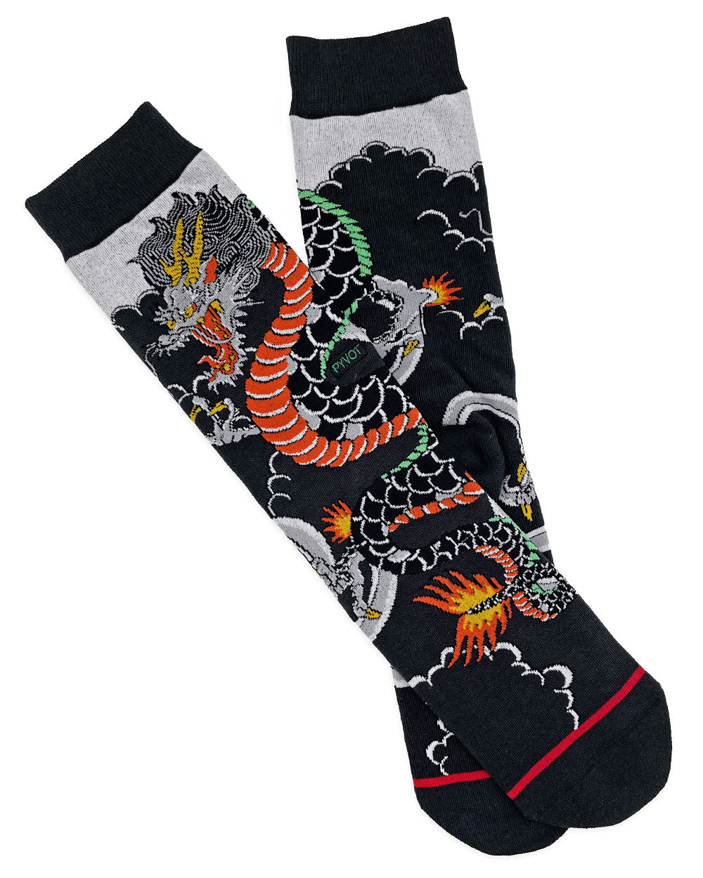 Dragon-themed crew socks, black and gray with colorful dragon graphic