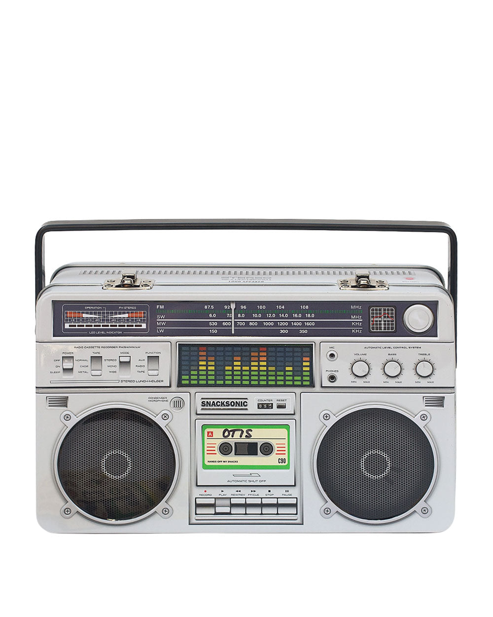 Boombox-shaped lunch box with radio panel and dual speaker grilles