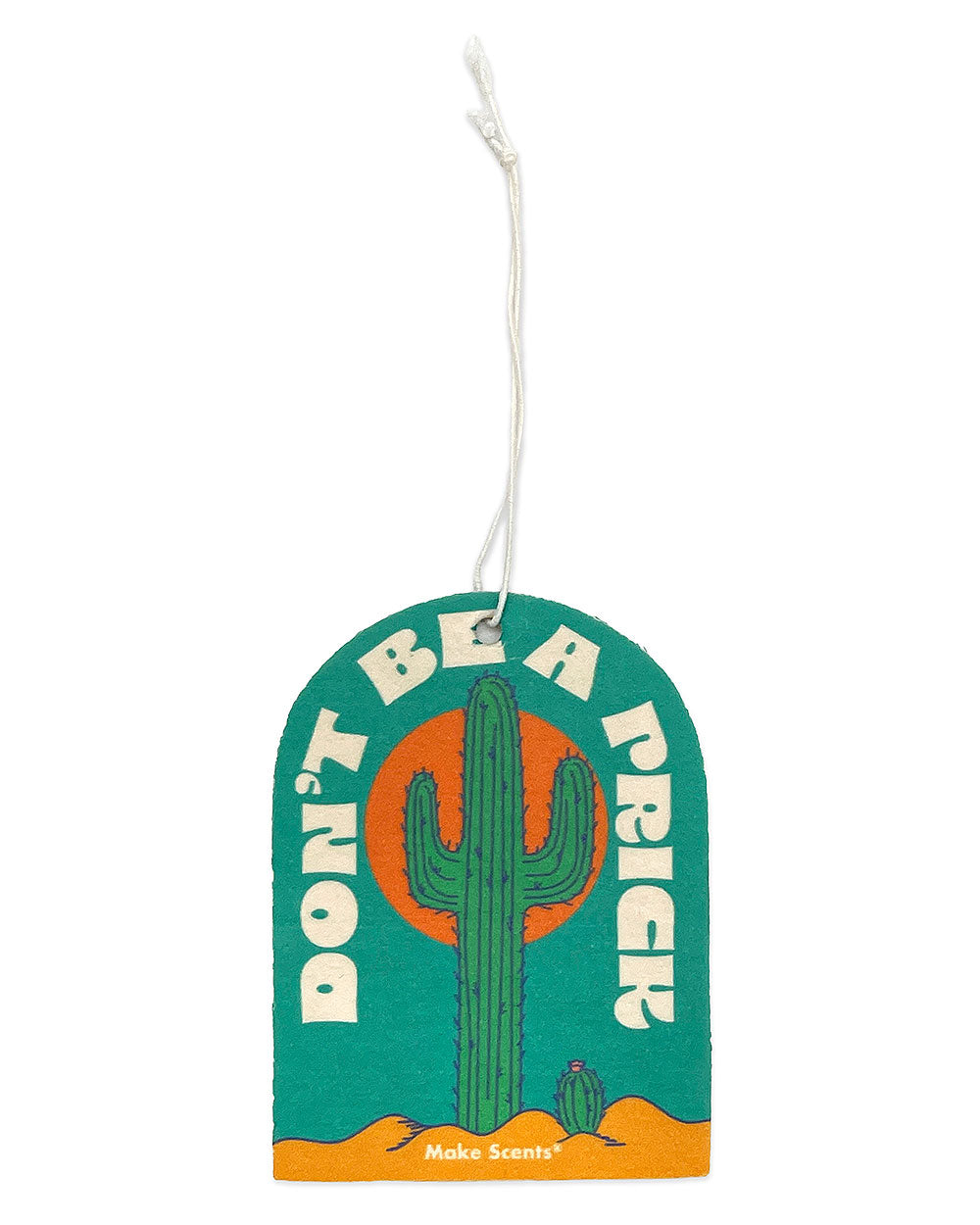 Hanging air freshener tag with green cactus desert graphic and 'Make Scents' text