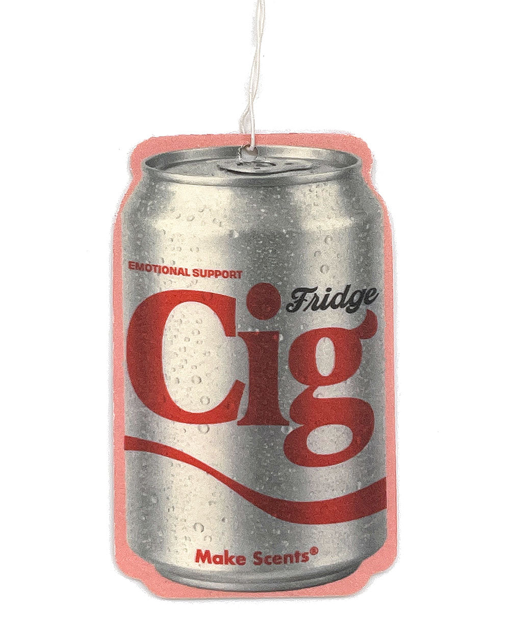 Hanging fridge air freshener can, silver with red 'Fridge Cig' logo and 'Make Scents'