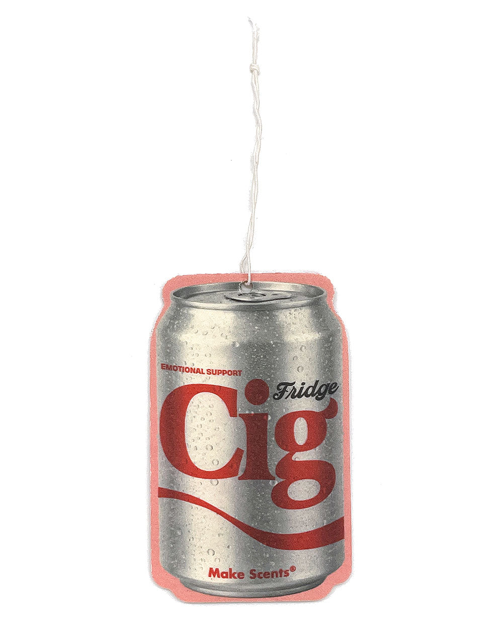Hanging metal air freshener can, silver with red 'Cig' and 'Make Scents' text