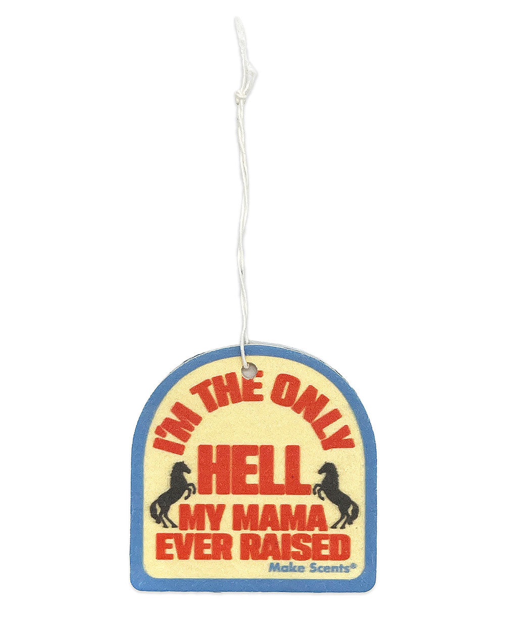 Hanging air freshener shaped like surf wax label, blue border with red text