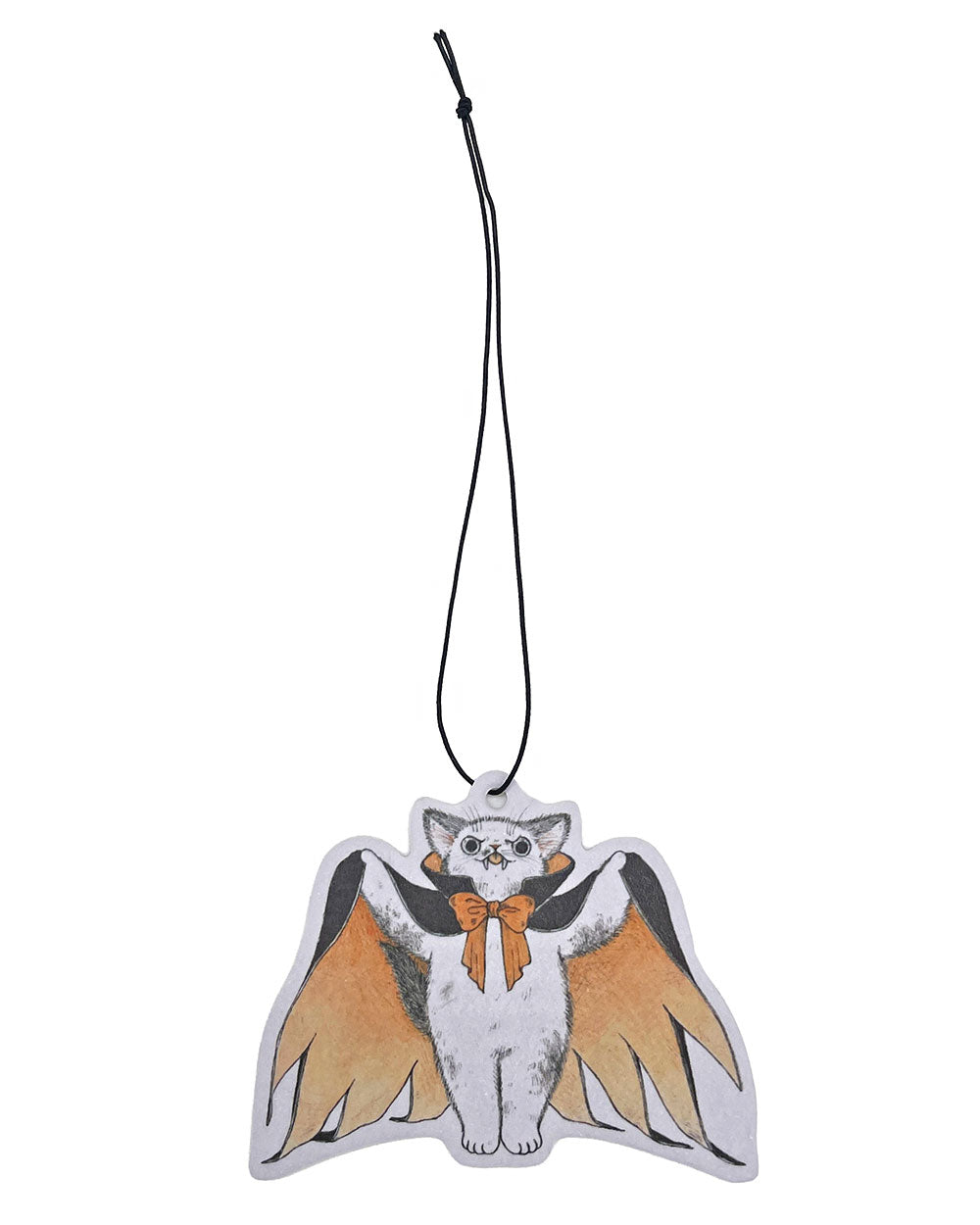 Hanging cat air freshener charm with bat wings and orange bow