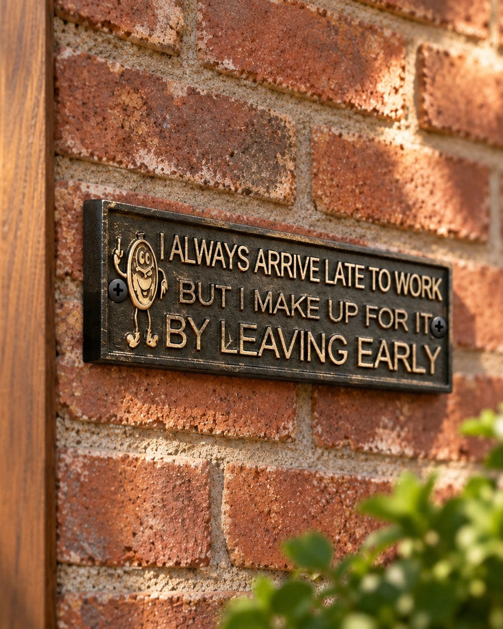 Mounted black sign with gold lettering on red brick wall
