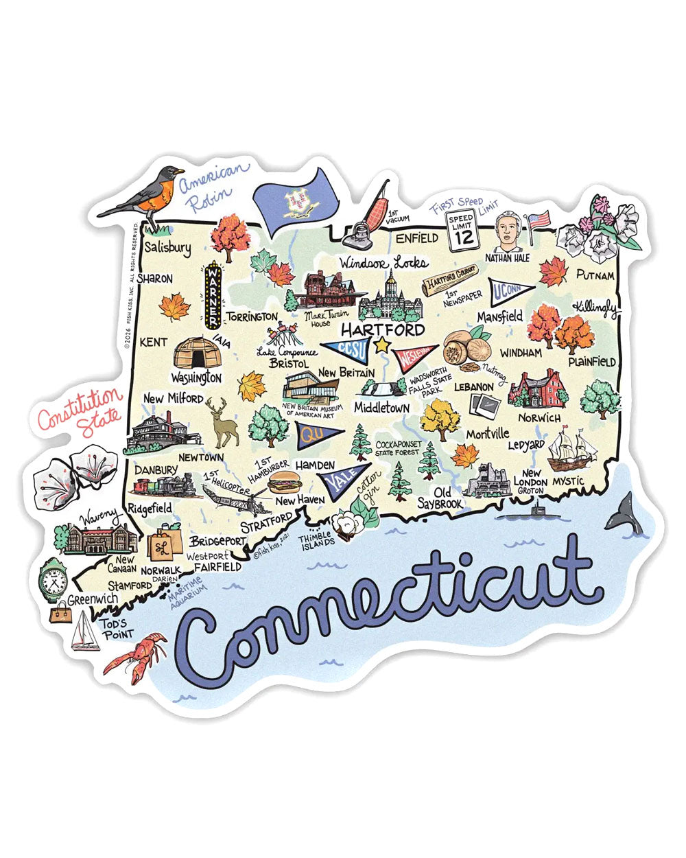 Connecticut Illustrated Map Large Sticker-Retro Planet-Strange Ways