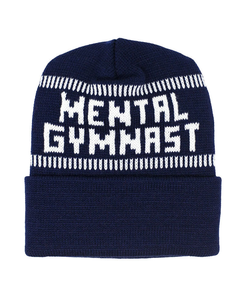 Dark navy knit beanie with white MENTAL GYMNAST graphic