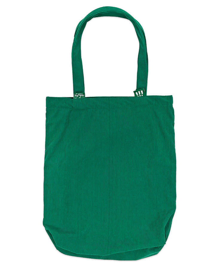 Green corduroy tote bag with rounded handles and top seam