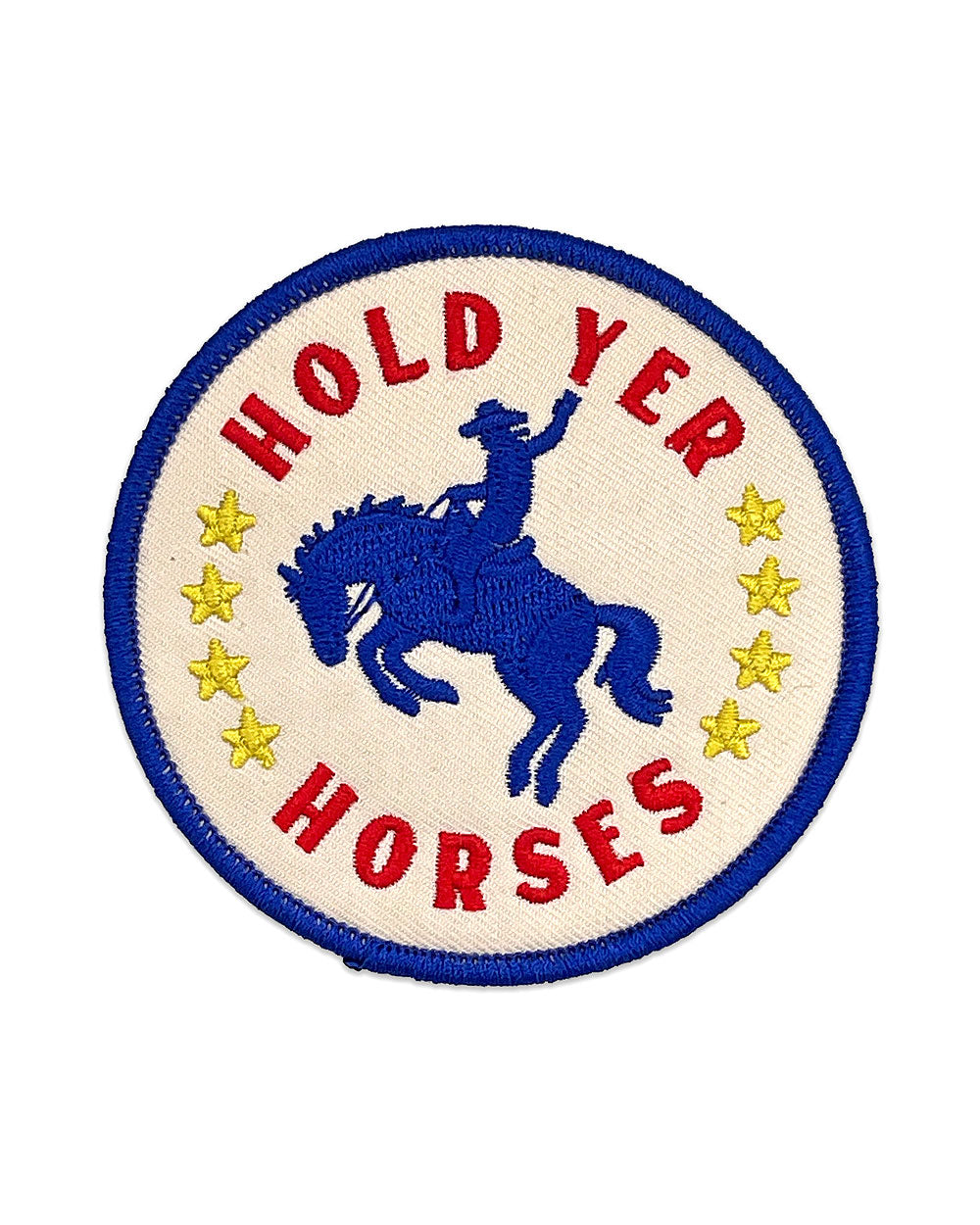 Round embroidered cowboy patch with horse rider and 'HOLD YER HORSES' text