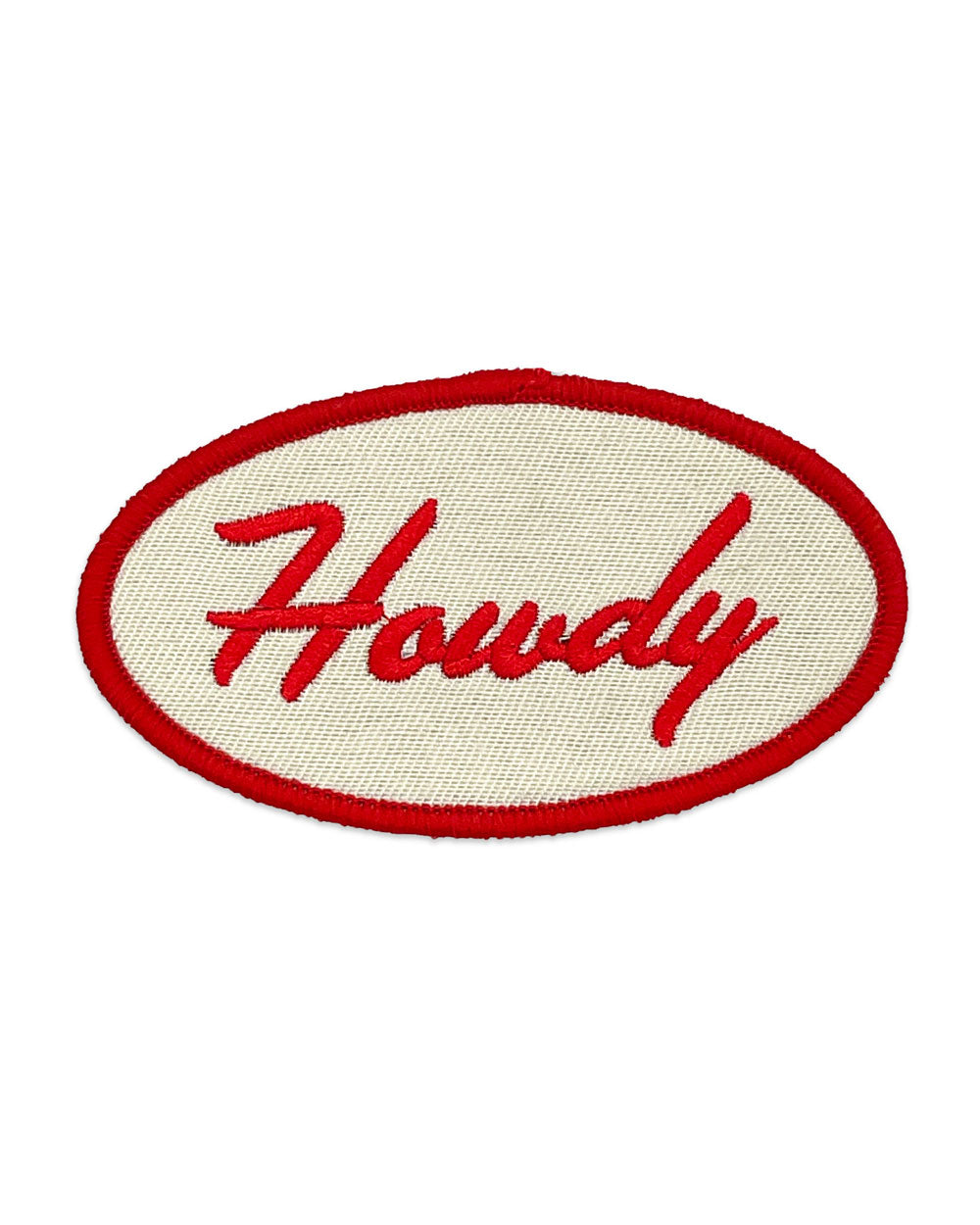 Oval embroidered Howdy patch with red border