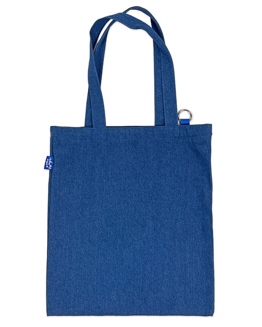 Blue denim tote bag with front pocket, top handles, and metal ring detail