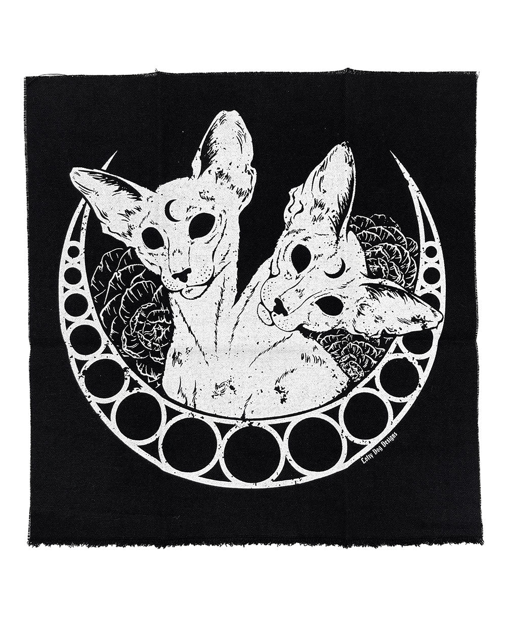 Large black fabric back patch with white illustration of two cats in a circular design
