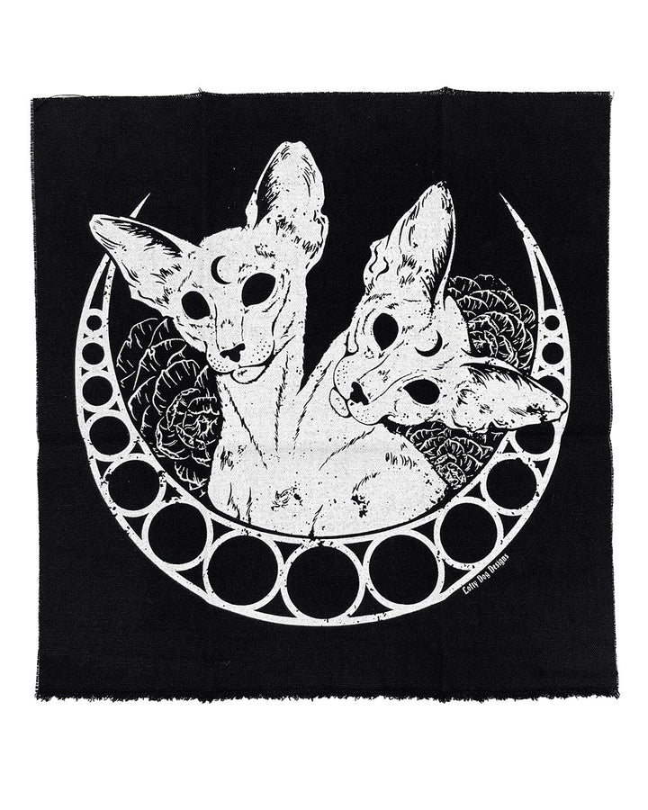 Large black fabric back patch with white illustration of two cats in a circular design