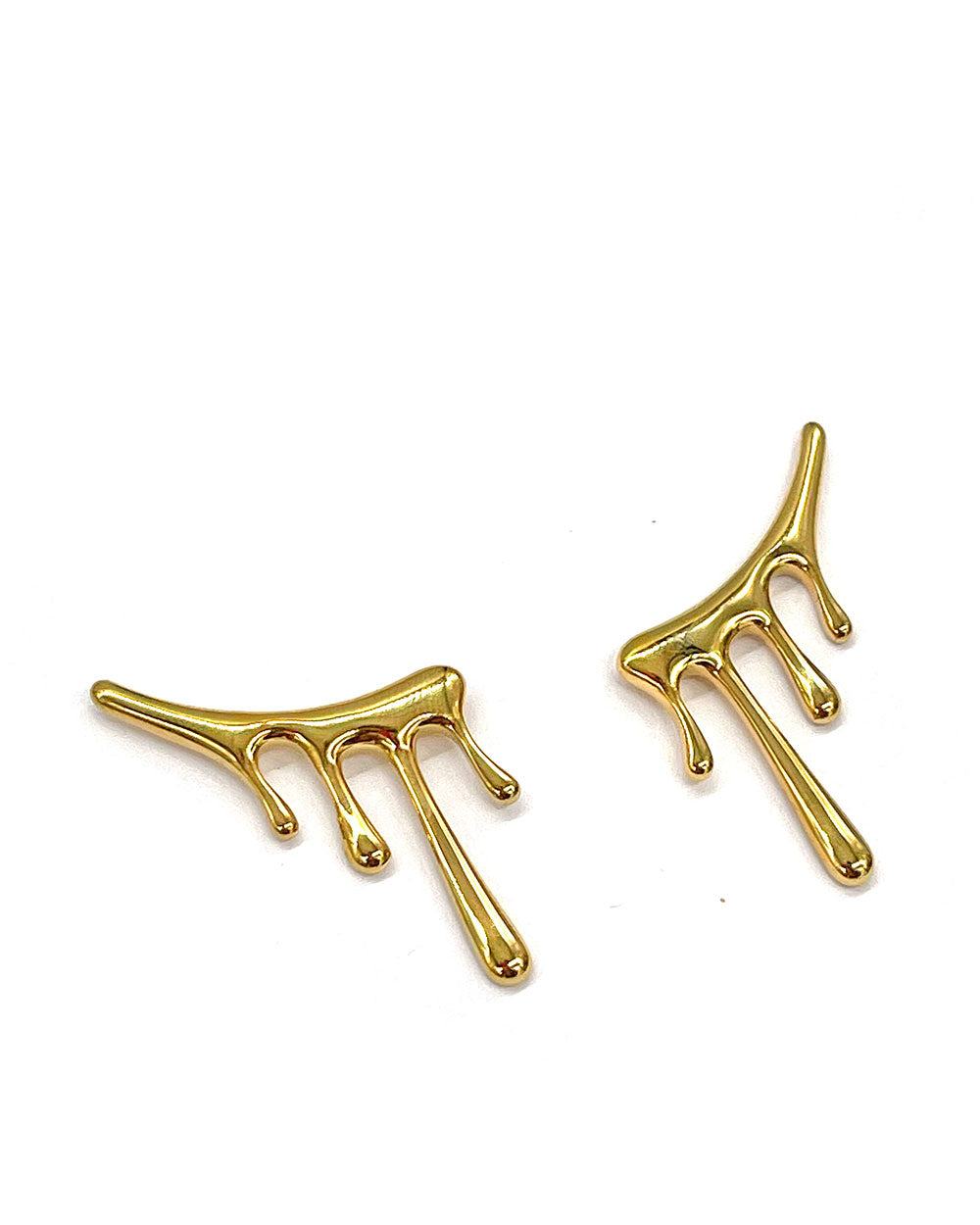Gold-tone drippy climber earrings, two dangling open shapes with three drops each