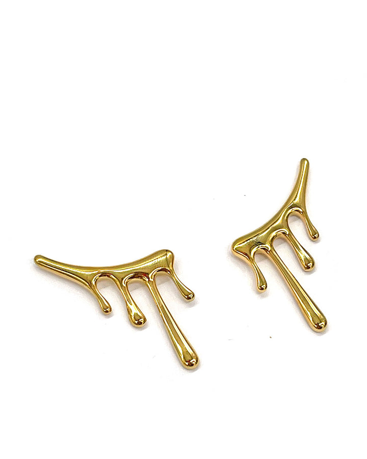 Gold-tone drippy climber earrings, two dangling open shapes with three drops each