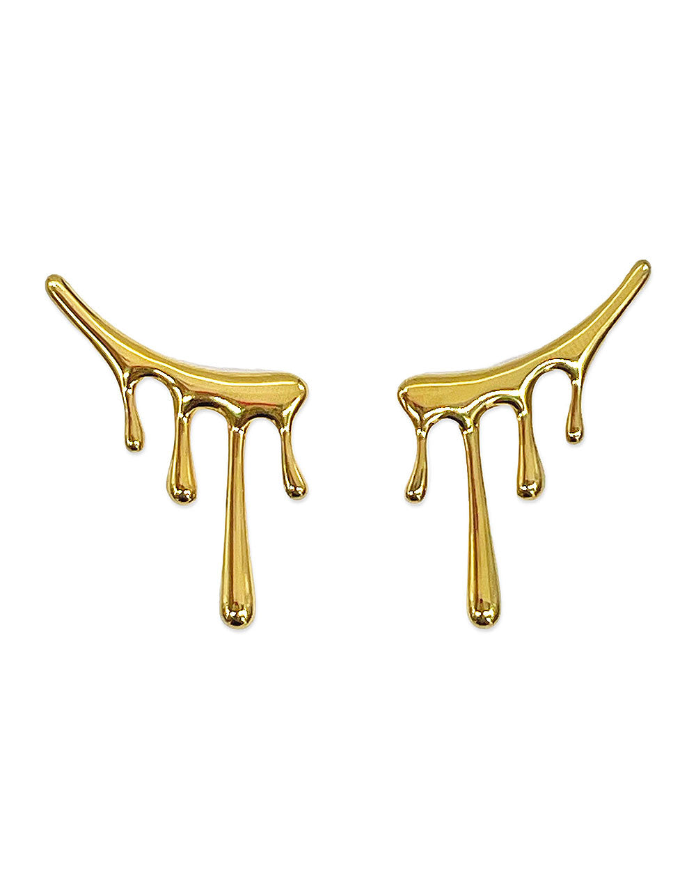 Gold-tone drippy climber earrings, front view of curved top with three long dangling bars