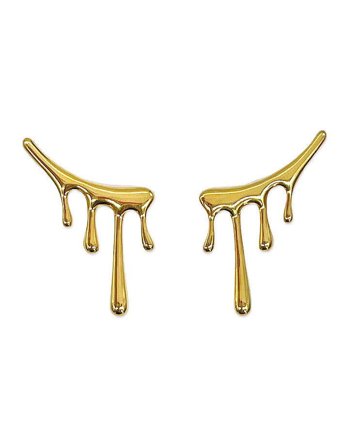 Gold-tone drippy climber earrings, front view of curved top with three long dangling bars