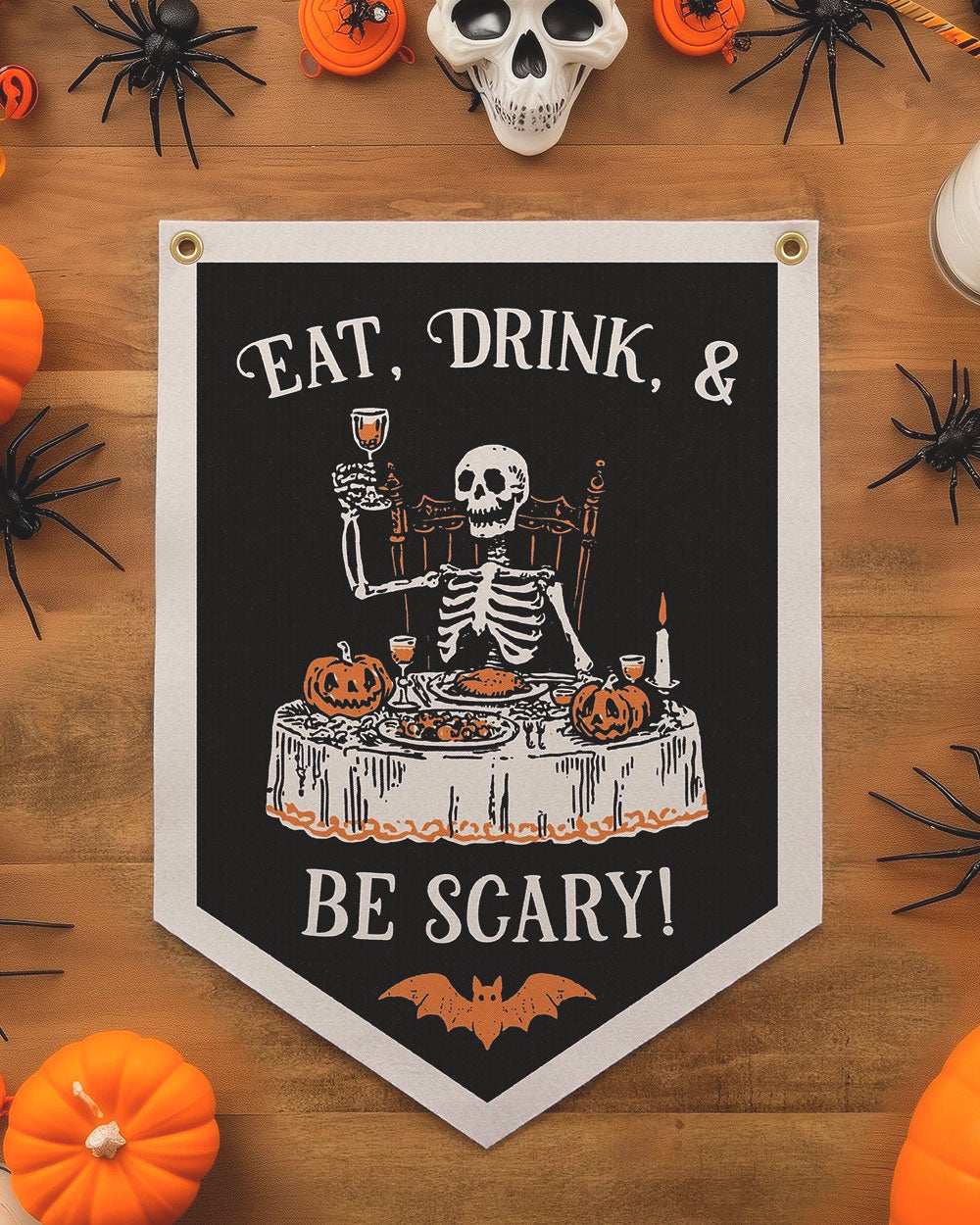 Halloween felt banner: skeleton feast with pumpkins, “Eat, Drink & Be Scary!”