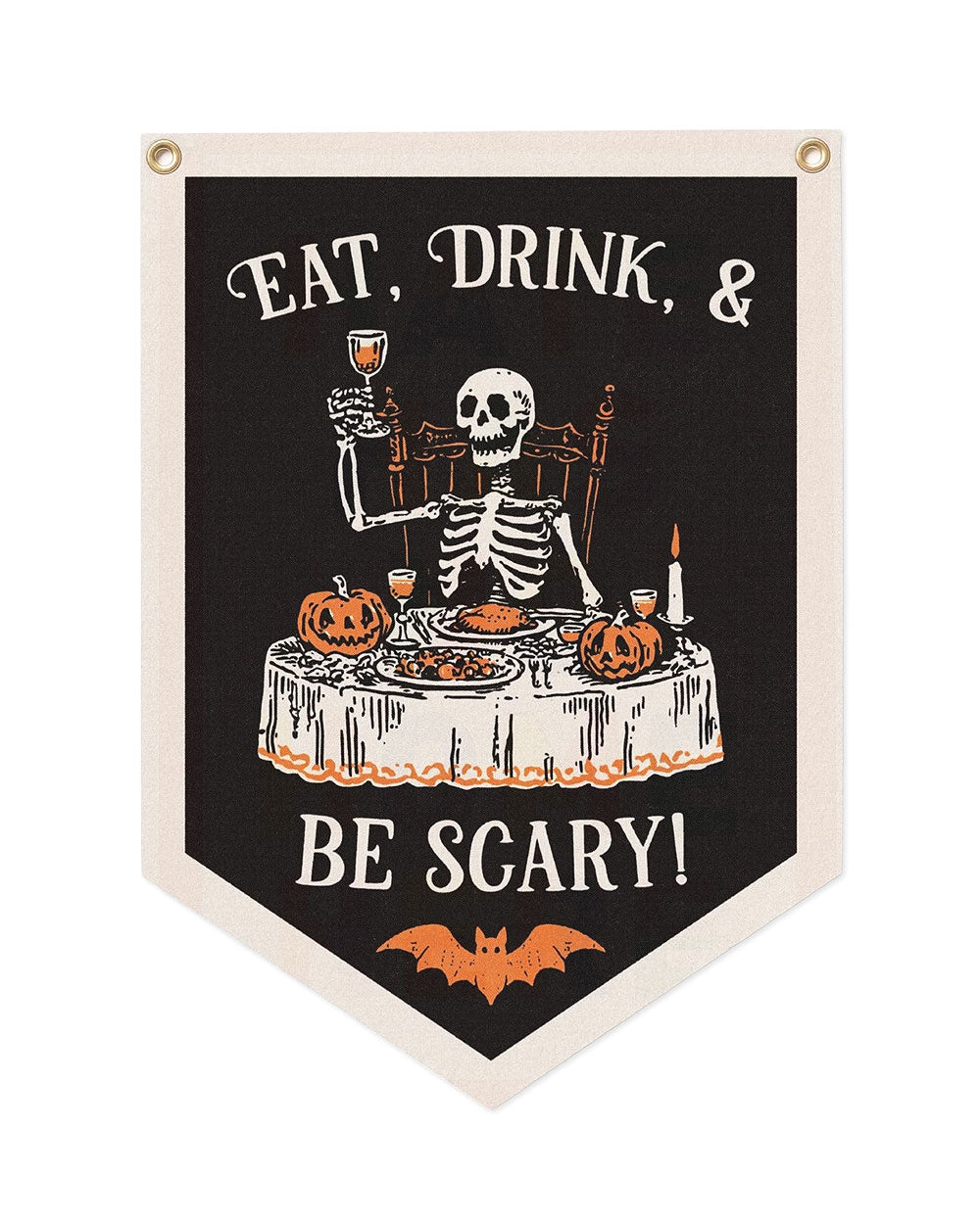 Halloween felt banner close-up: skeleton feast with pumpkins, “Eat, Drink & Be Scary!”