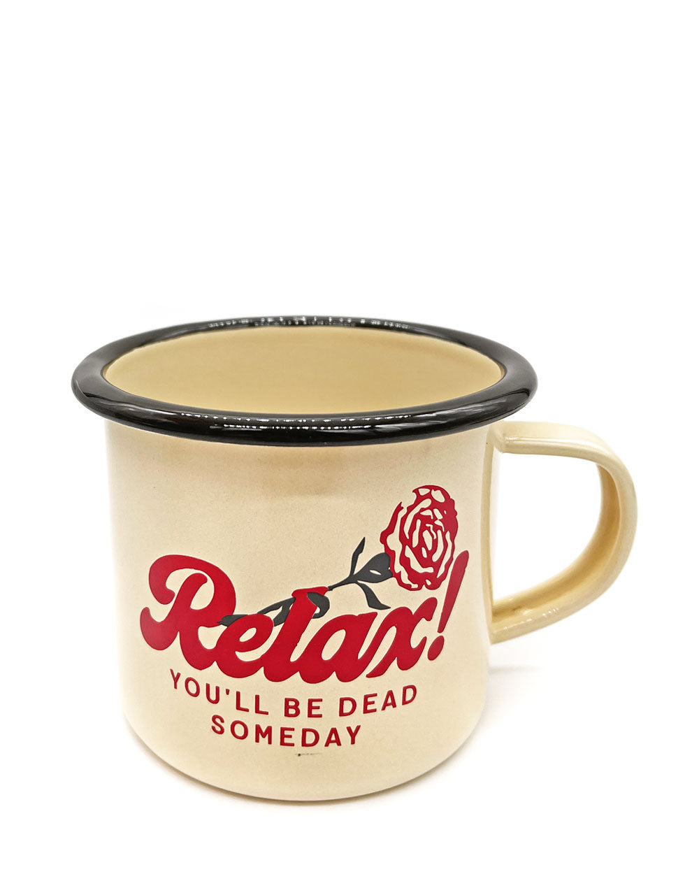 Cream enamel coffee mug with Relax rose logo and curved handle