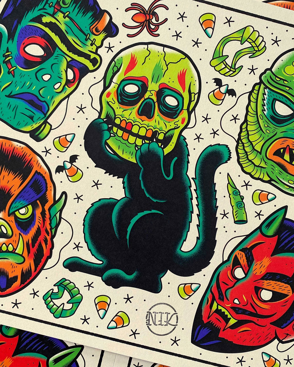 Vintage Halloween Masks Tattoo Flash Art Print (11" x 14")