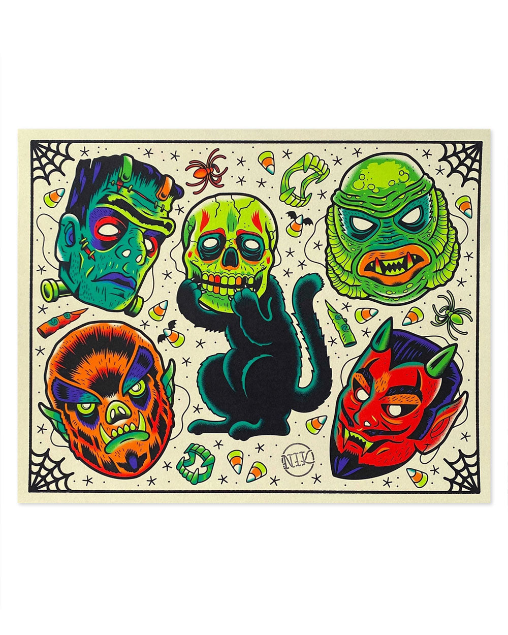 Vintage Halloween Masks Tattoo Flash Art Print (11" x 14")