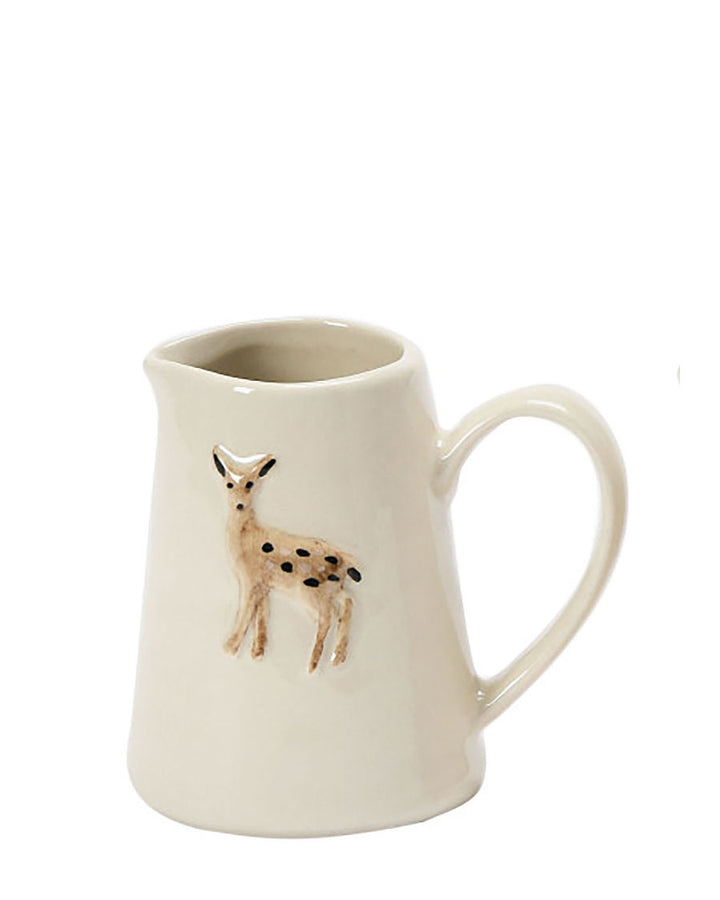 Cream ceramic deer creamer pitcher with curved handle and spout
