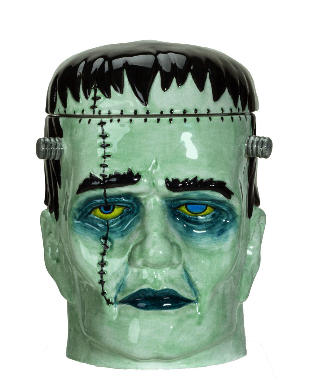 Green Frankenstein-style cookie jar, stitched face details and black drippy lid.