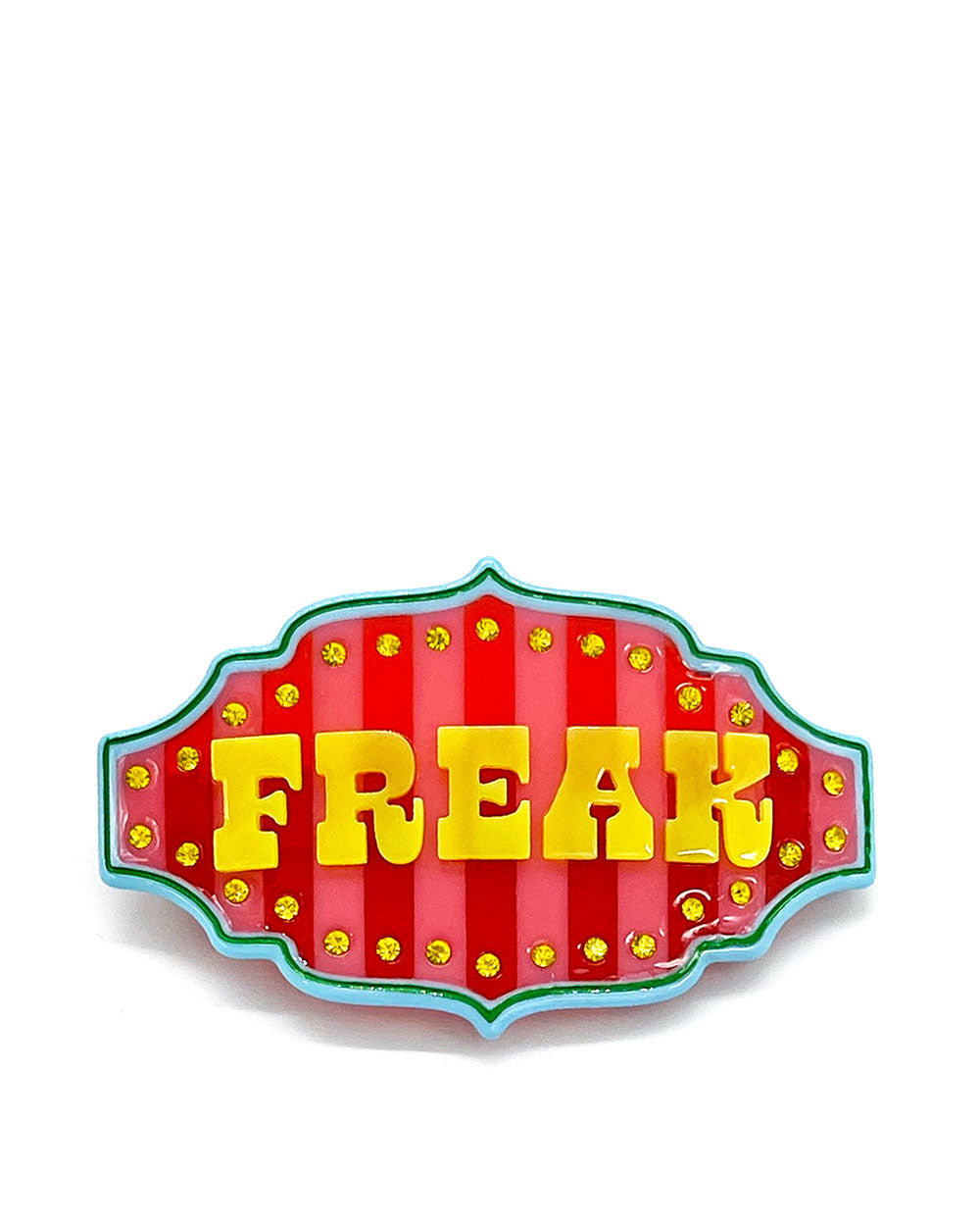 Freak show hair clip with red marquee badge and green border