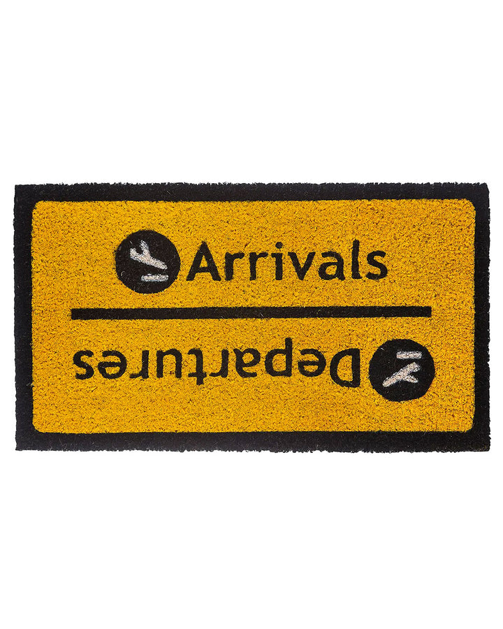 Rectangular yellow doormat with black border and Arrivals lettering with arrows.