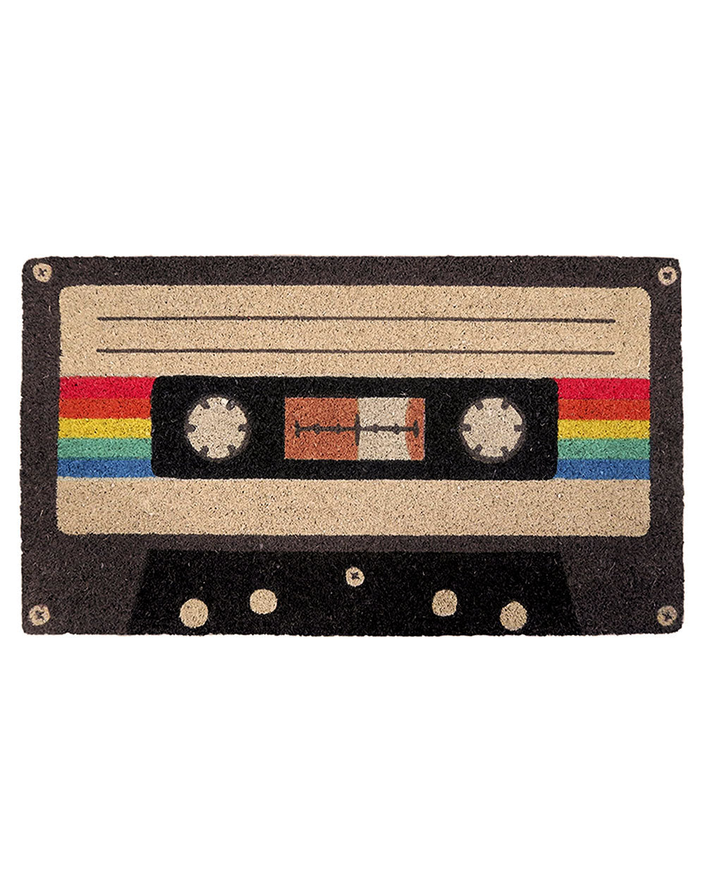 Cassette tape doormat featuring beige cassette label, rainbow stripes, and black background