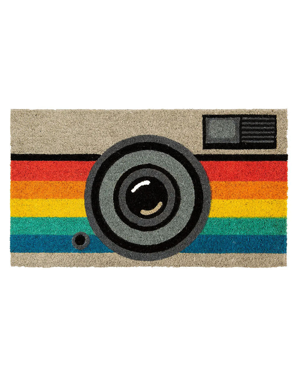 Rectangular camera doormat with rainbow horizontal stripes and circular lens design