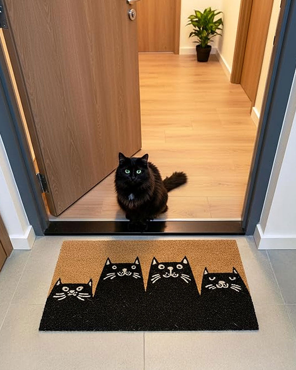 Brown coir doormat with five black cat faces