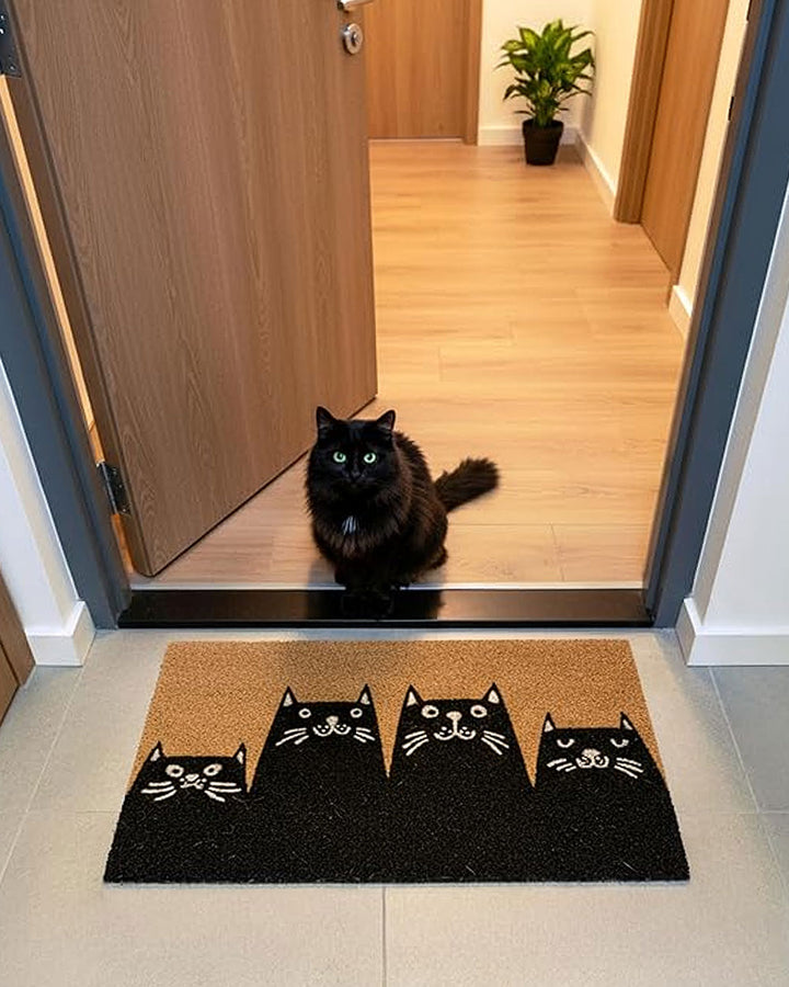Brown coir doormat with five black cat faces