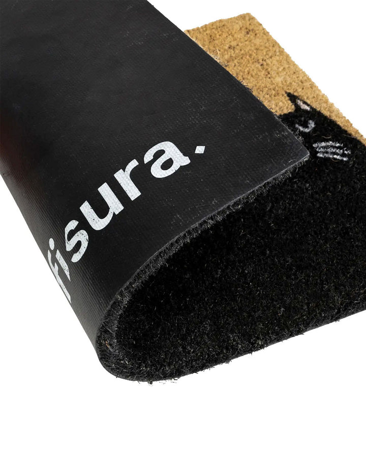 Black coir doormat corner with printed cat face