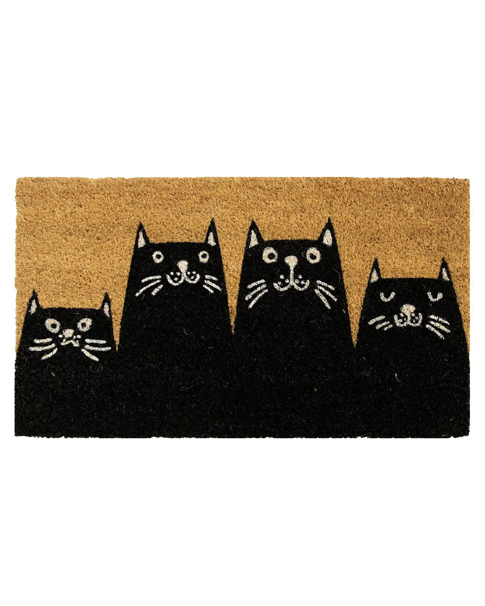 Rectangular coir doormat with four black cat faces and whisker details