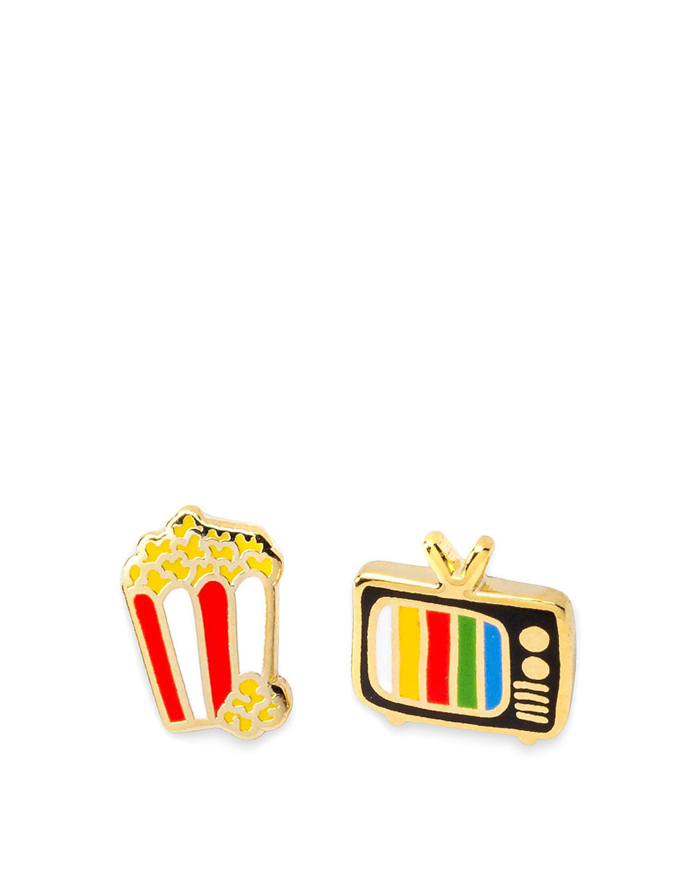 Pair of popcorn and retro TV enamel earrings with gold-tone posts